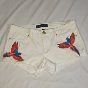 JUICY Couture Y2K White Denim Women's Shorts with Red & Blue Parrot Embroidery